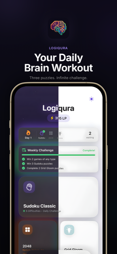 Logiqura home screen with three puzzle games